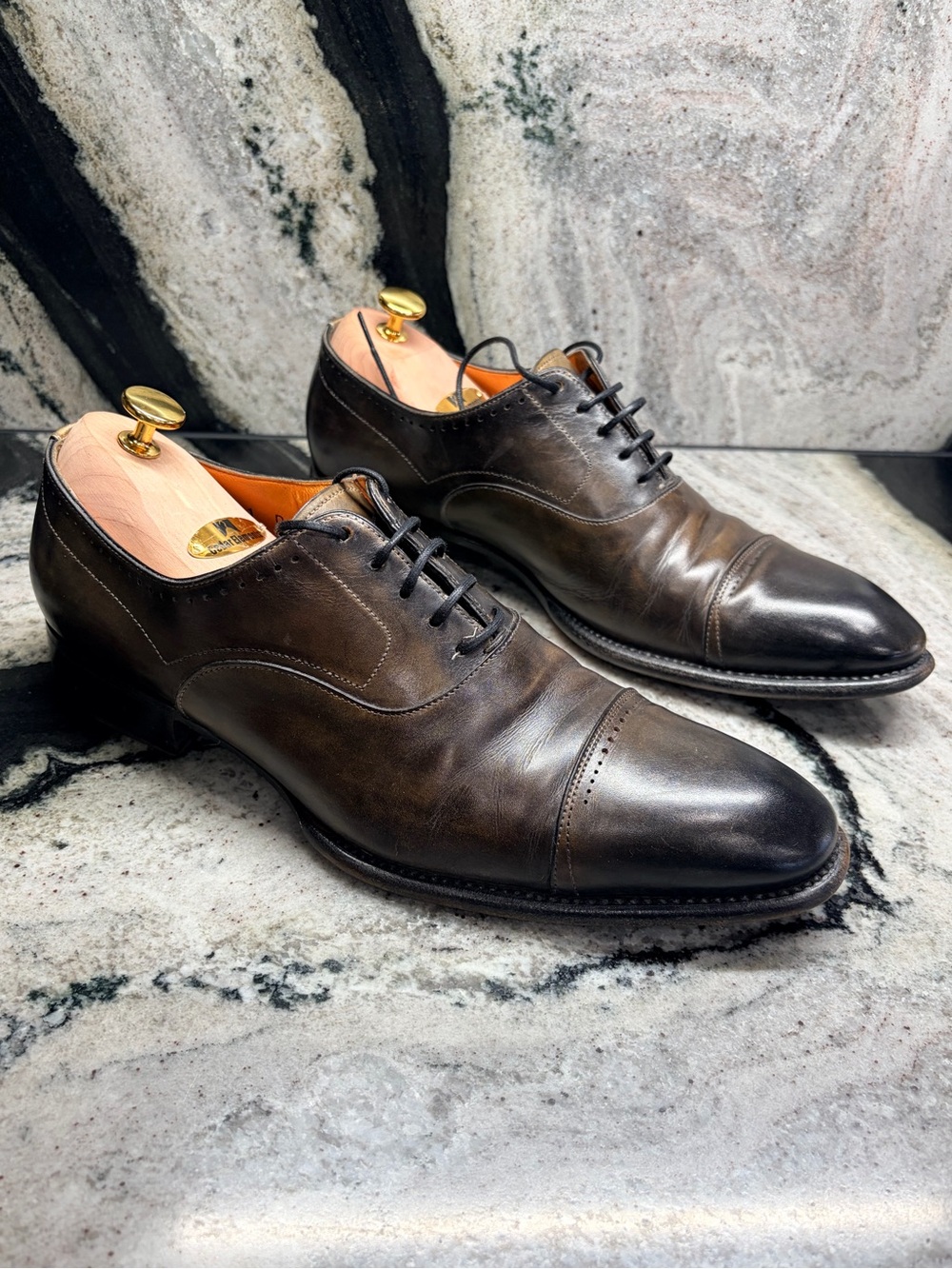 Santoni Fatte a Mano Museum Brown Cap Toe Oxford UK 9.5 US 10.5 Handmade
